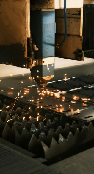 A machine cutting a piece of metal with sparks